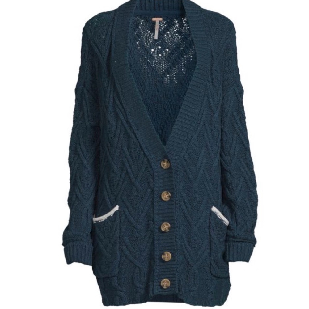 Free People Dark Teal Montana Cable Knit Cardigan XL - Picture 4 of 6